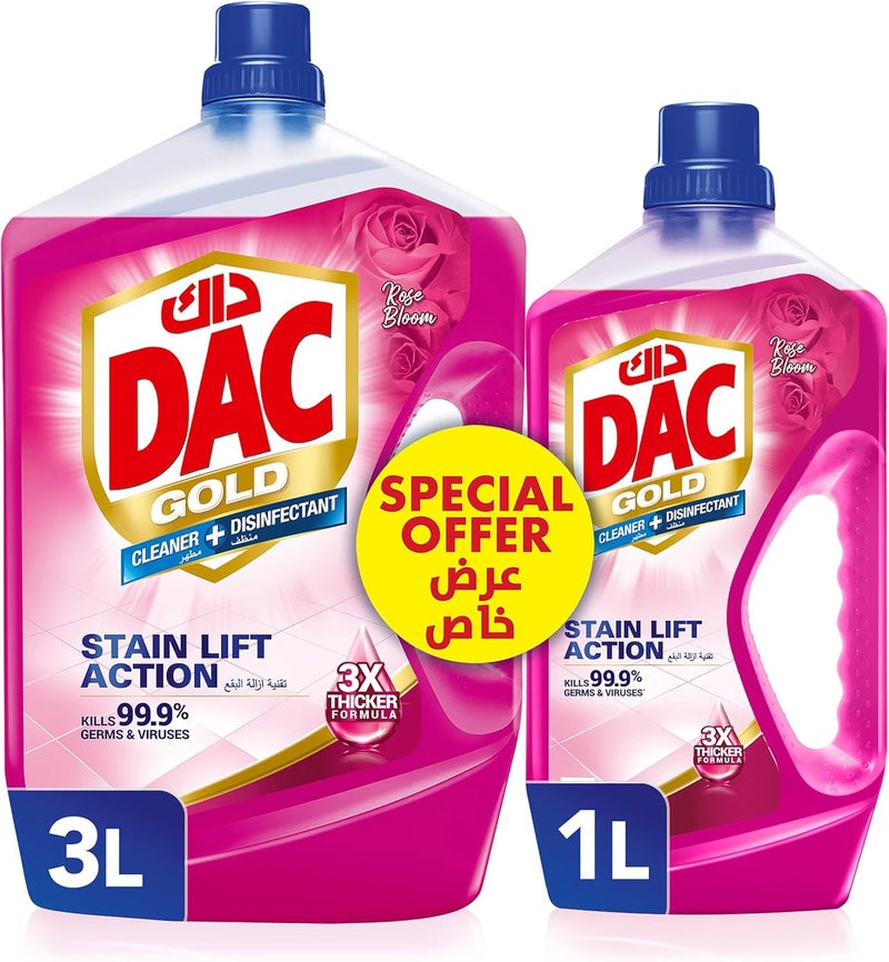 داك منظف ​​متعدد الأغراض مطهر DAC Gold - برائحة الورد (3 لترات + 1 لتر)، لإزالة 99.9% من الجراثيم والبكتيريا - Image 1